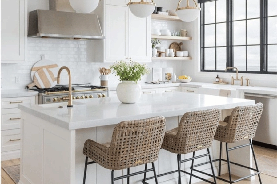 beautiful home kitchen with kitchen island and three stools